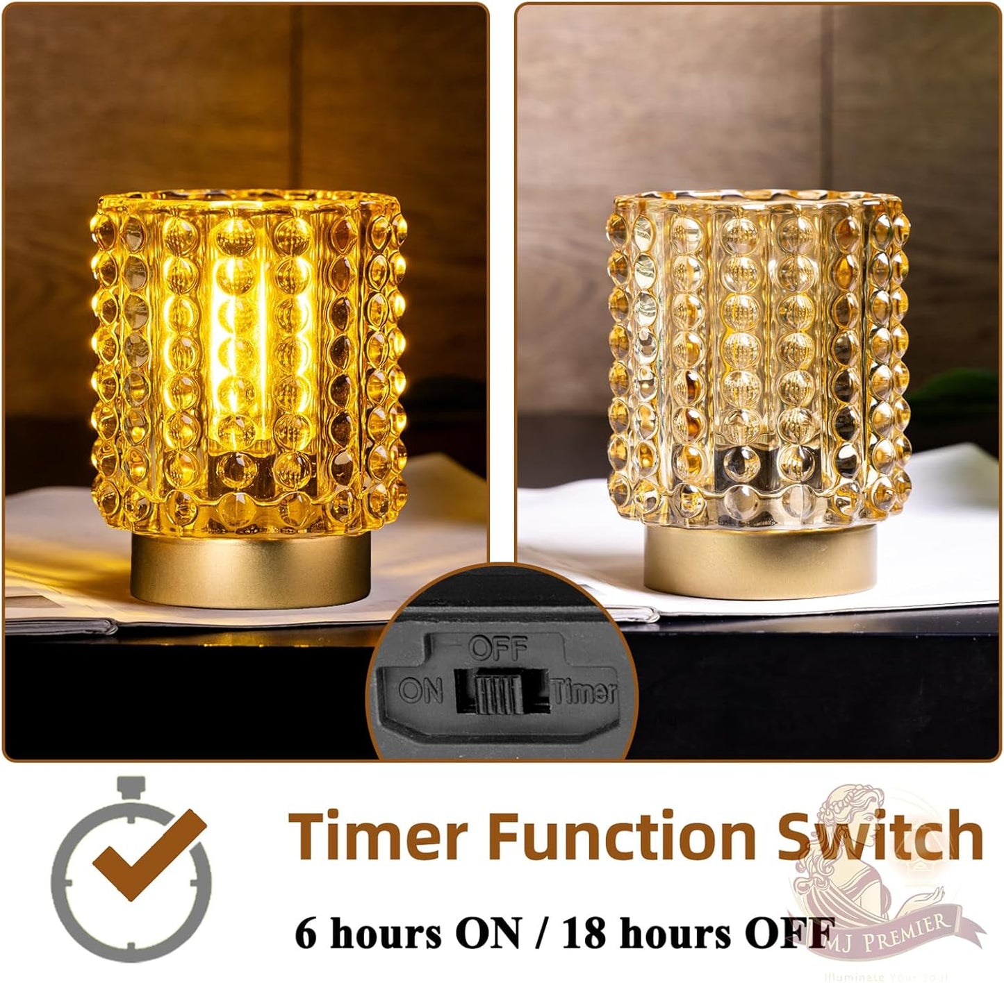 Battery Operated Lamp with Timer, Mini Crystal Table Lamps for Home Decor, Small Cordless Lamp for Areas No Outlets, Glass Battery Powered Lamps for Entryway, Bedroom, Bathroom, Shelf, Corner(Yellow)