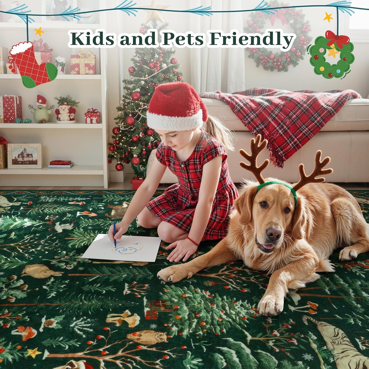 OJIA Christmas Area Rug 5x7 Washable Rugs for Living Room, Green Animal Bedroom Carpet Ultra-Thin Non-Slip Nursery Rug, Xmas Holiday Rug Indoor Carpet for Kids Playroom Entryway Dining Room