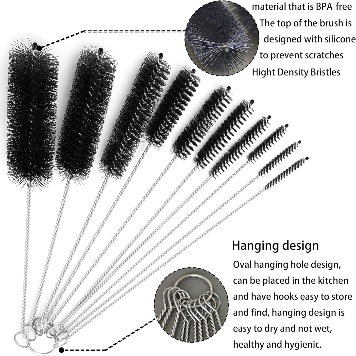 Long Straw Brush, Straw Brush Set 10 Pack, Straw Brush for Tumbler, Sippy Cup, Water Bottle and Hummingbird Feeders.(Black)