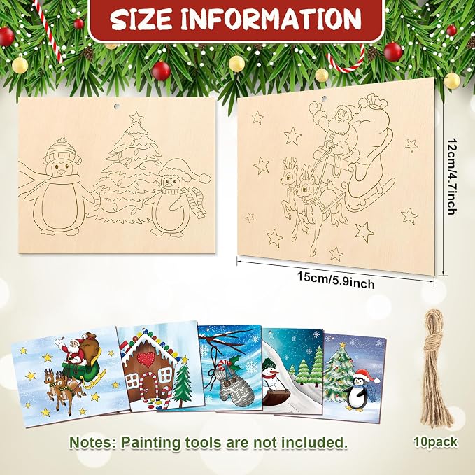 COCHIE 10 Pieces Large Christmas Unfinished Wood Crafts to Paint