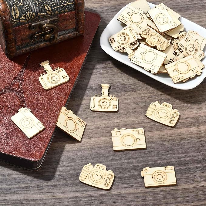 200 pcs Mixed Styles Camera Theme Unfinished Wooden Cutout Charms Travel