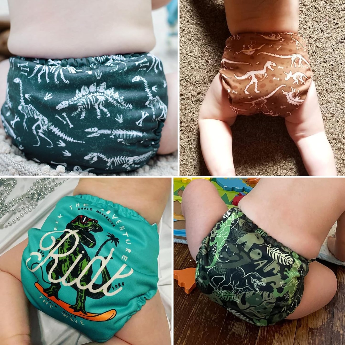 Mama Koala 3.0 Pocket Cloth Diapers for Babies with AWJ Lining, 6 Pack with 6 5-Layer Natural Cloth Diaper Inserts - Reusable and Washable Pocket Diapers(A-It's Dinosaurs)
