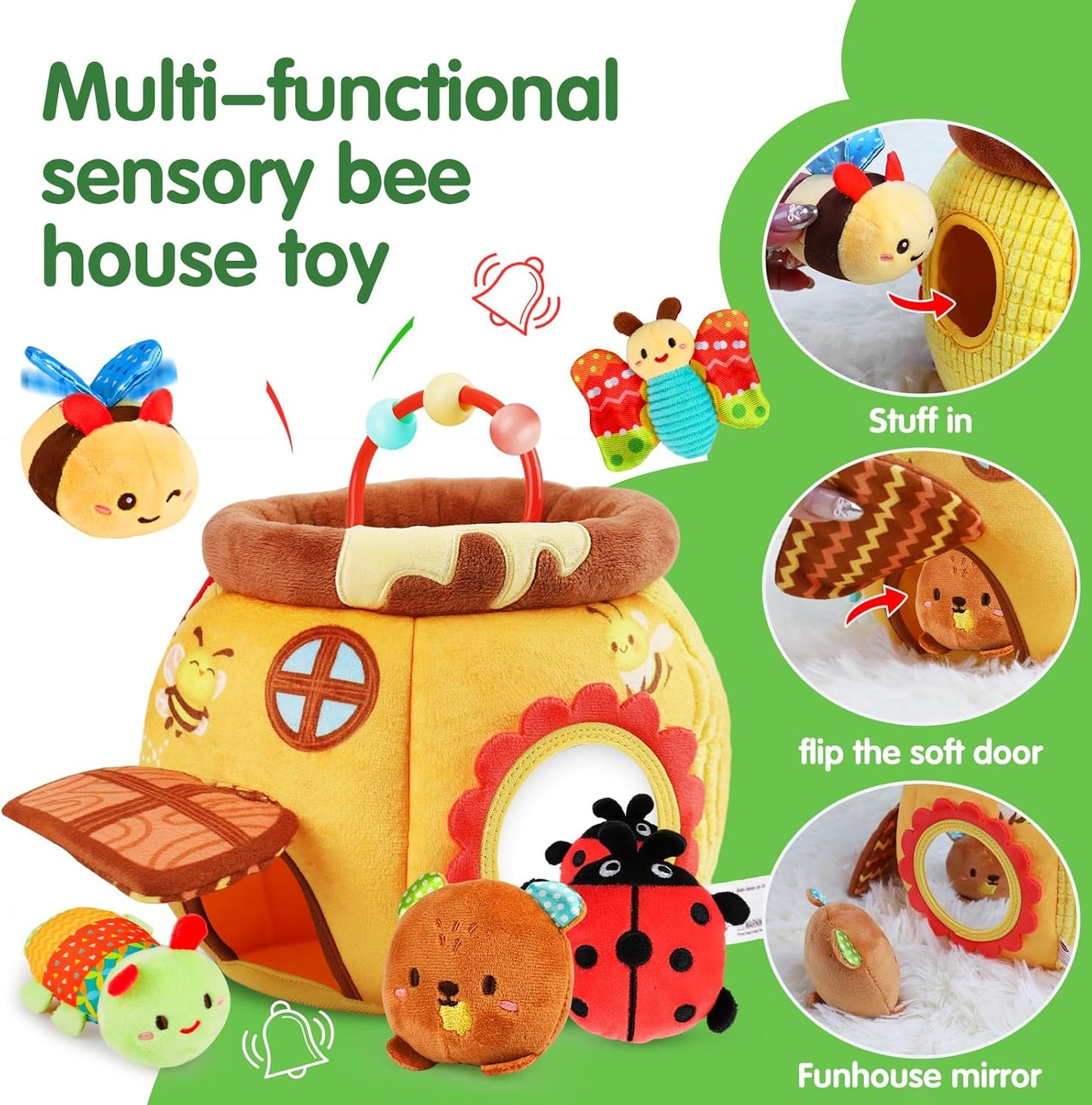 Baby Toys 6-12 Months - Soft Beehive with 5 Stuffed Animals, Rattle, Crinkle, Mirror, Montessori Sensory Toys for Babies 6 7 8 9 10 Months Old Baby Boy Girl Shower Gifts Stocking Stuffers Ages 0-2