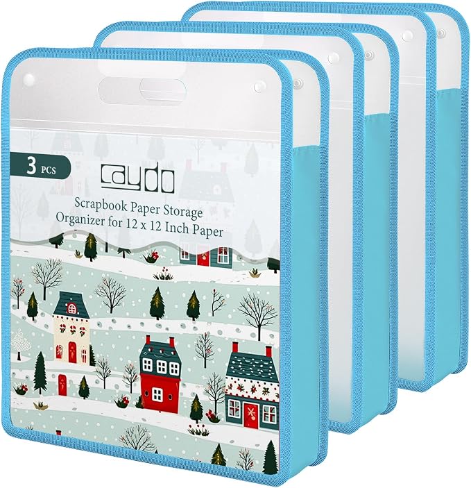 Caydo Scrapbook Paper Storage, 3 Pack Blue Expanding Paper Folio | Clear