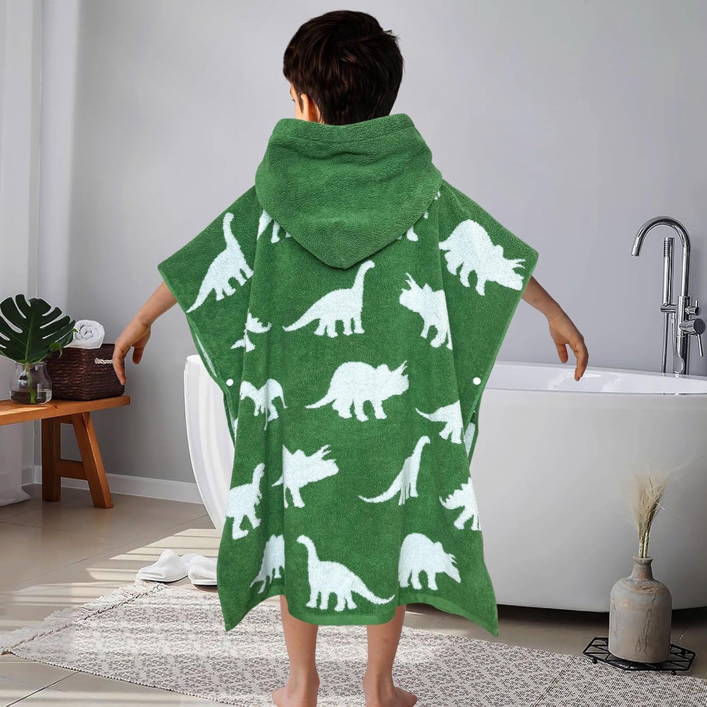 VOOVA & MOVAS Kids Poncho Towels with Hood (4-8Years,28"x28"),Soft Cotton Thick Absorbent Towel Robe for Toddler Boys,Perfect for Bathroom | Pool | Beach | Swimming, Jacquard Green Dinosaur