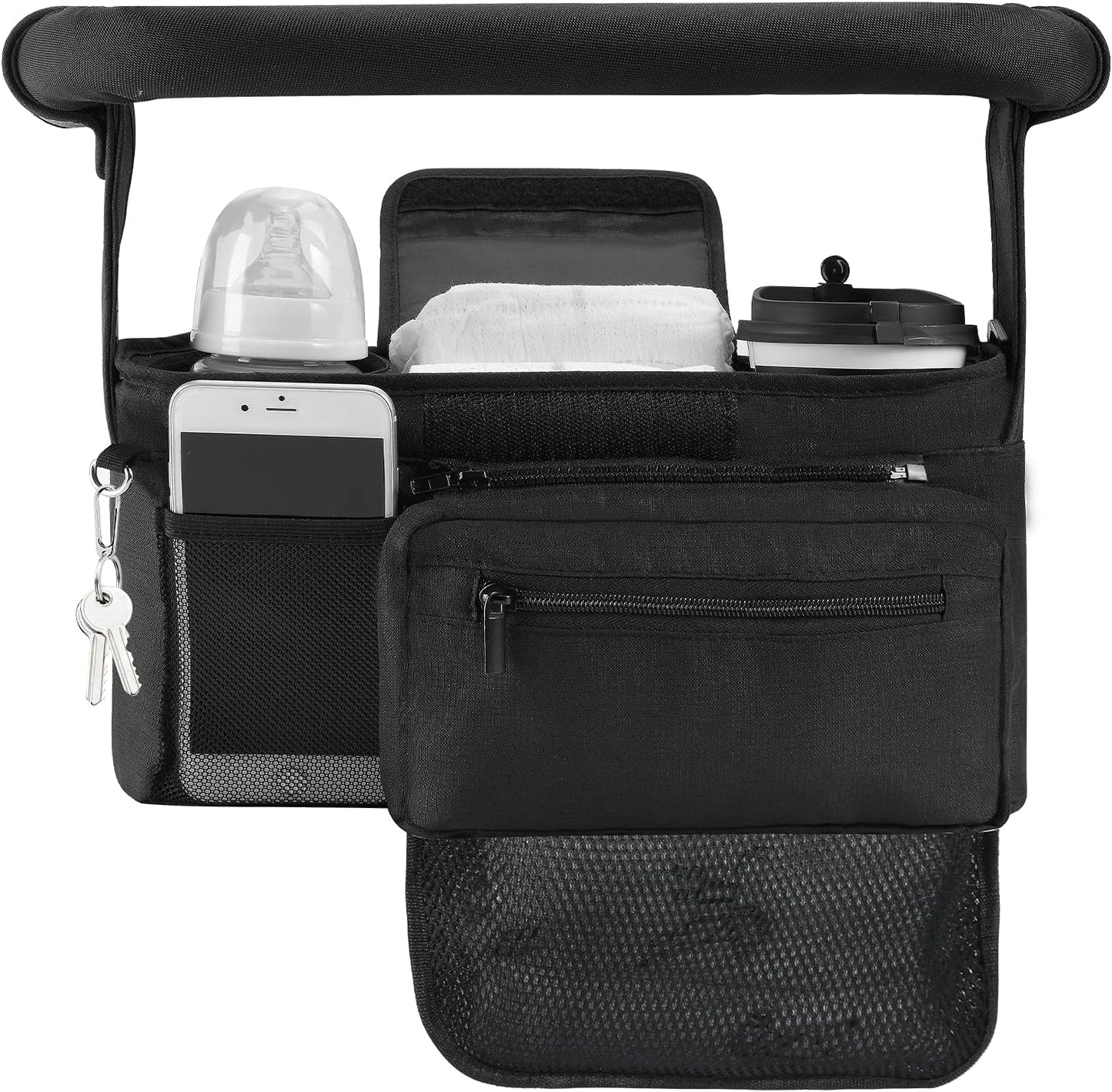 Momcozy NON-SLIP Universal Stroller Organizer | Insulated Cup Holder | Detachable Phone Bag & Shoulder Strap | Fits Uppababy, Baby Jogger, Britax, BOB, Umbrella and Pet Stroller