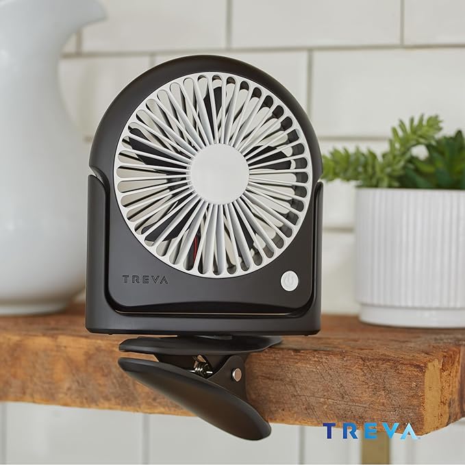 Treva 5 Inch Rechargeable Powered Clip Fan 3 Speed Slim and Portable Indoor and Outdoor Cooling Multi-Directional
