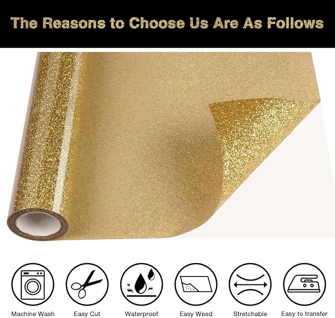 Gold Glitter HTV Heat Transfer Vinyl Roll 12inch x 20 ft