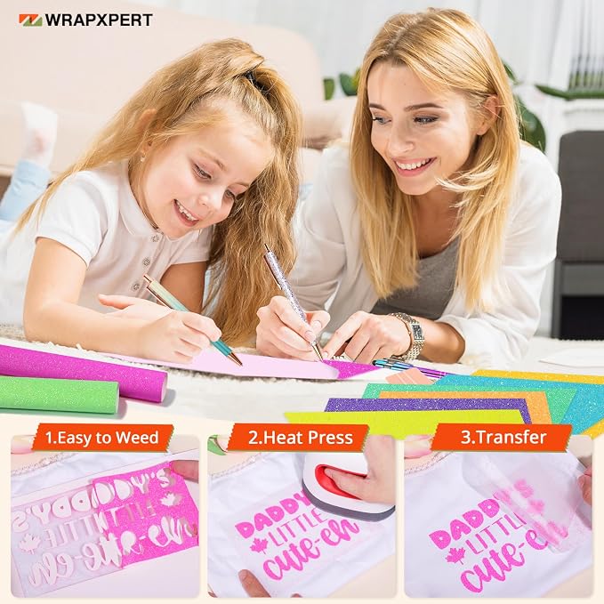 WRAPXPERT Neon Glitter HTV Heat Transfer Vinyl Bundle, 8 Packs Glitter Iron on