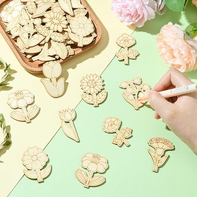100 pcs Mixed Styles Cute Flower Theme Unfinished Wooden Cutout Charms
