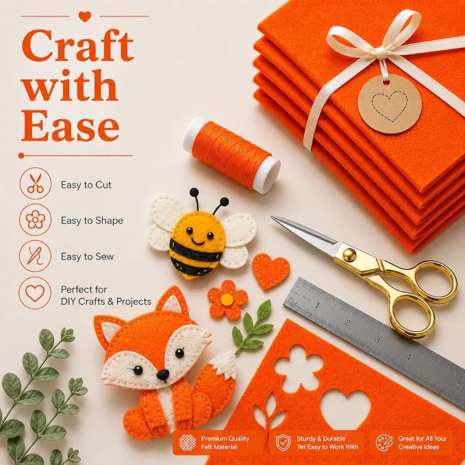 Orange Large Felt Fabric 36" x 36", 1mm Stiff Felt Sheet, Nonwoven Fabric