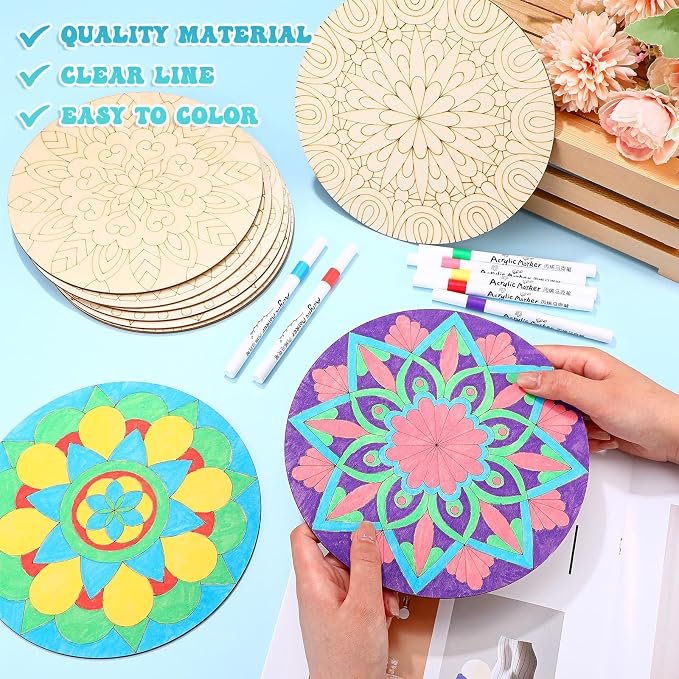 Vercraft 22 Pcs Wooden Mandala Painting Set 10 Mandala Unfinished Wood Cutouts