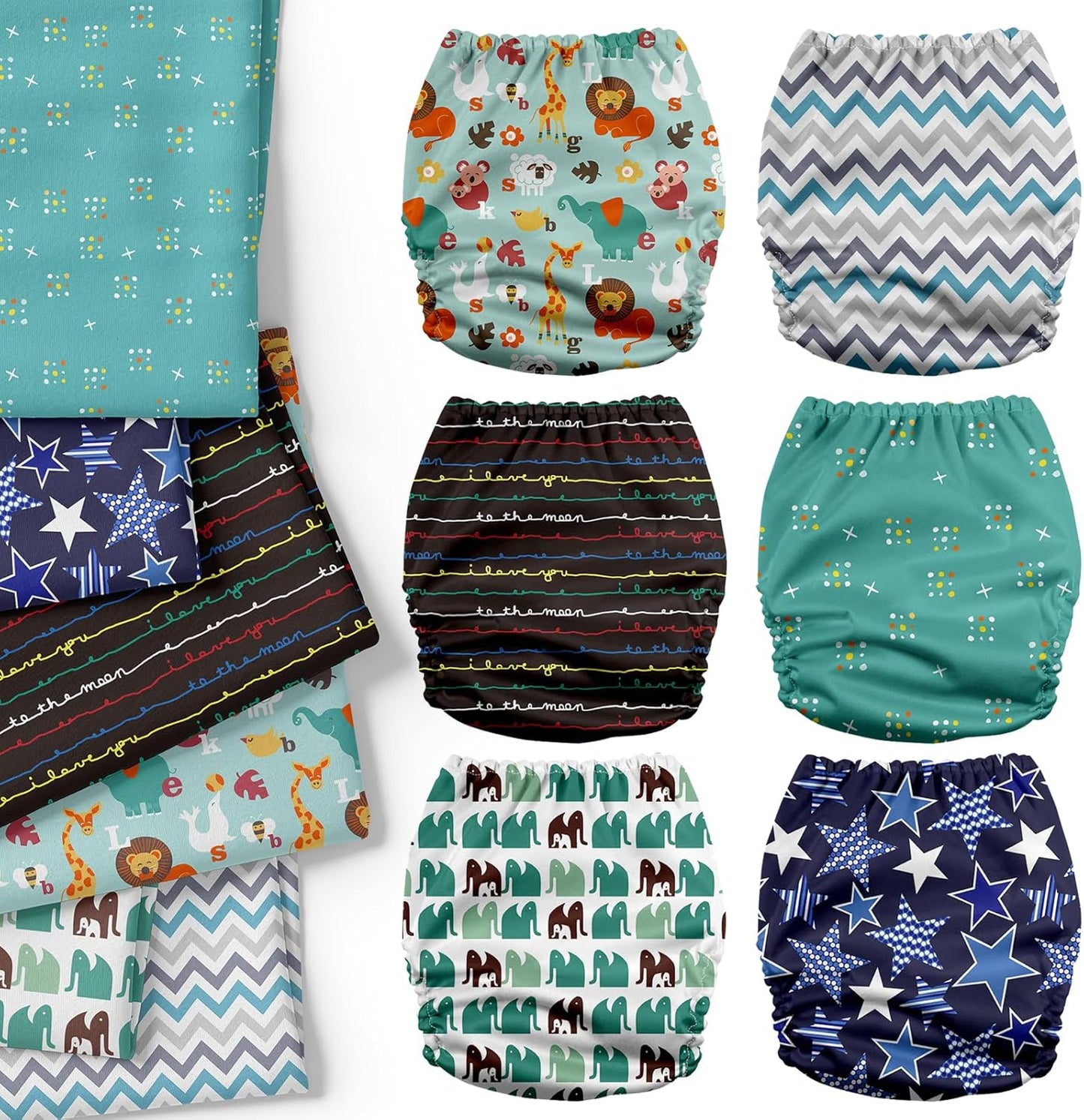 Mama Koala 3.0 Cloth Diapers for Babies with AWJ Lining, 6 Pack with 6 Natural Cloth Diaper Inserts - Reusable and Washable Pocket Diapers (Jagger-R)