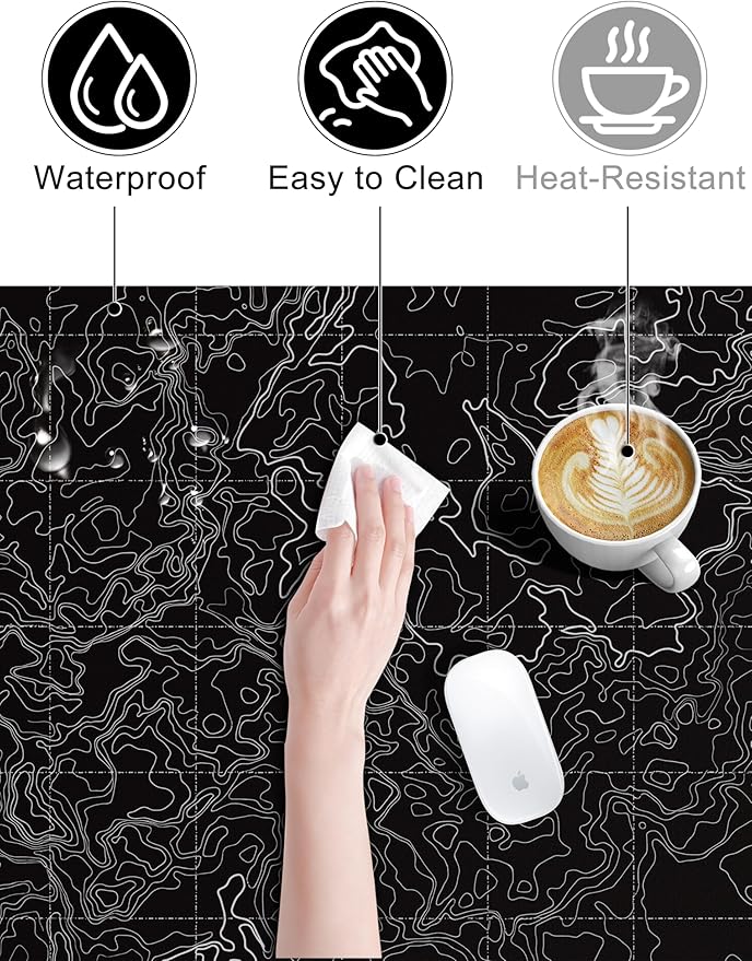 TopMade Mouse Pad with 15W Fast Wireless Charging, 31.5"x15.75" XXL Large Gaming Waterproof Desk Pad with Ultra-Smooth Surface, Non-Slip Base, Computer Desk Mat, Black Topographic Map #3