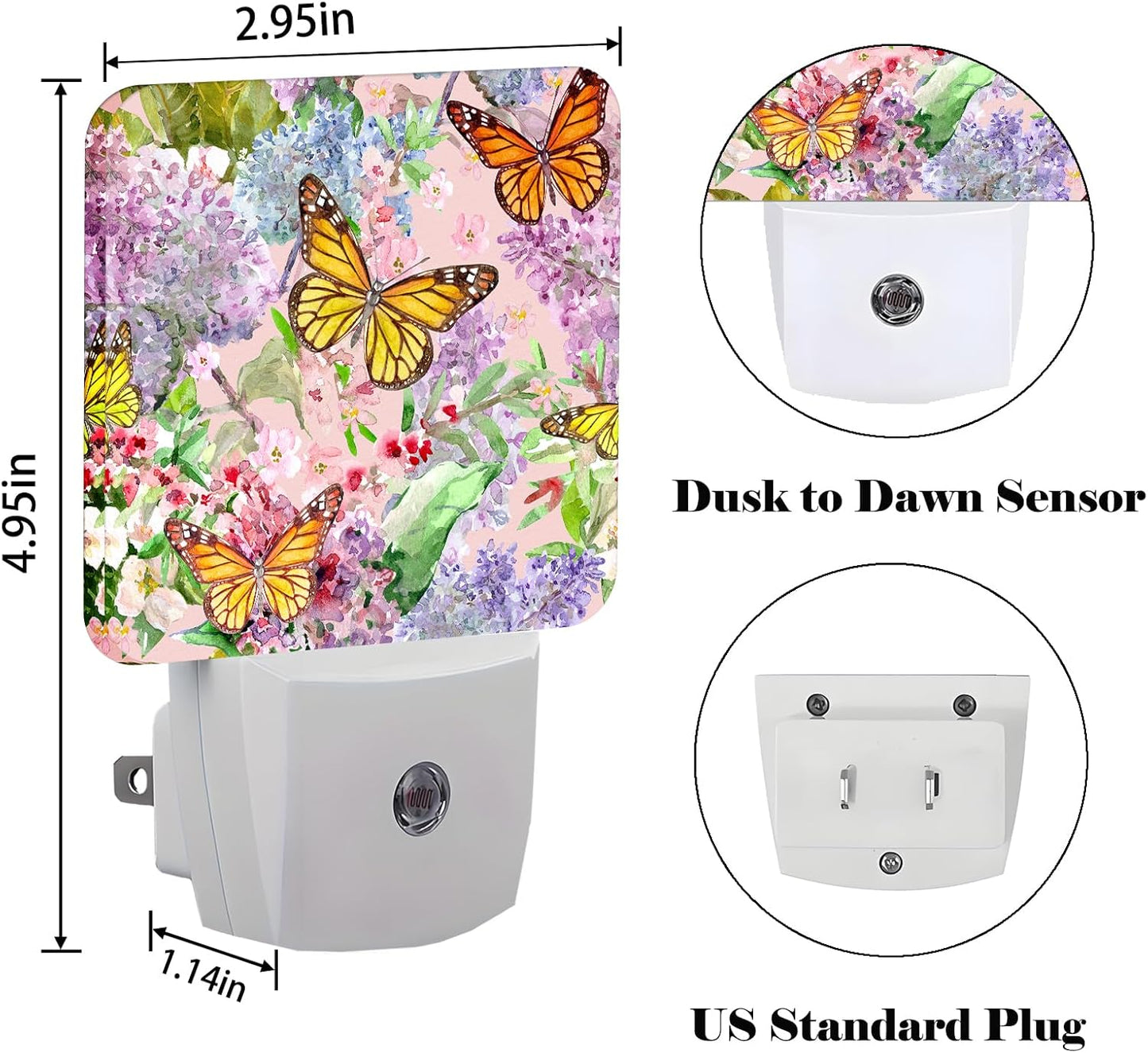 Spring Flowers and Butterflies Night Light,Plug Into Wall Decor for Stairway,Hallway,Kitchen,Dusk to Dawn Sensor Nightlights for Boys/Girls/Women/Men Room Gifts