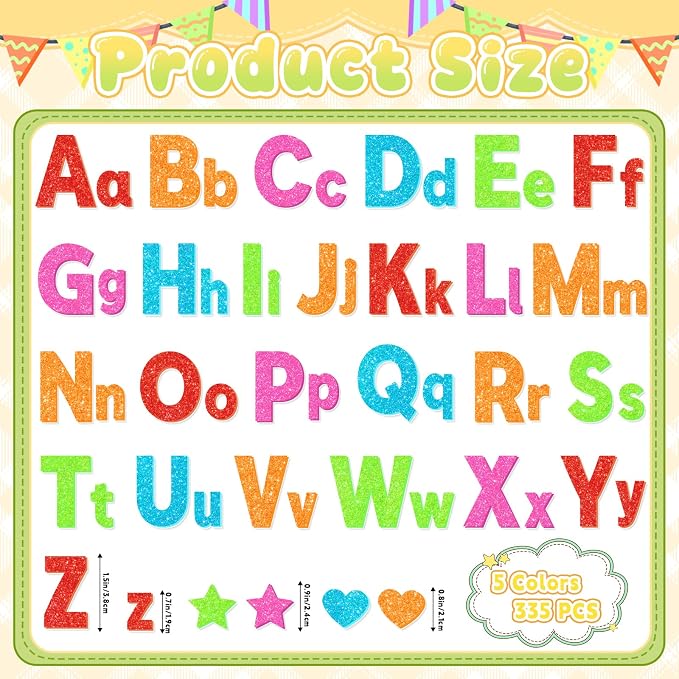Glitter Foam Letter Stickers 335 Pcs Self-Adhesive Uppercase & Lowercase ABC