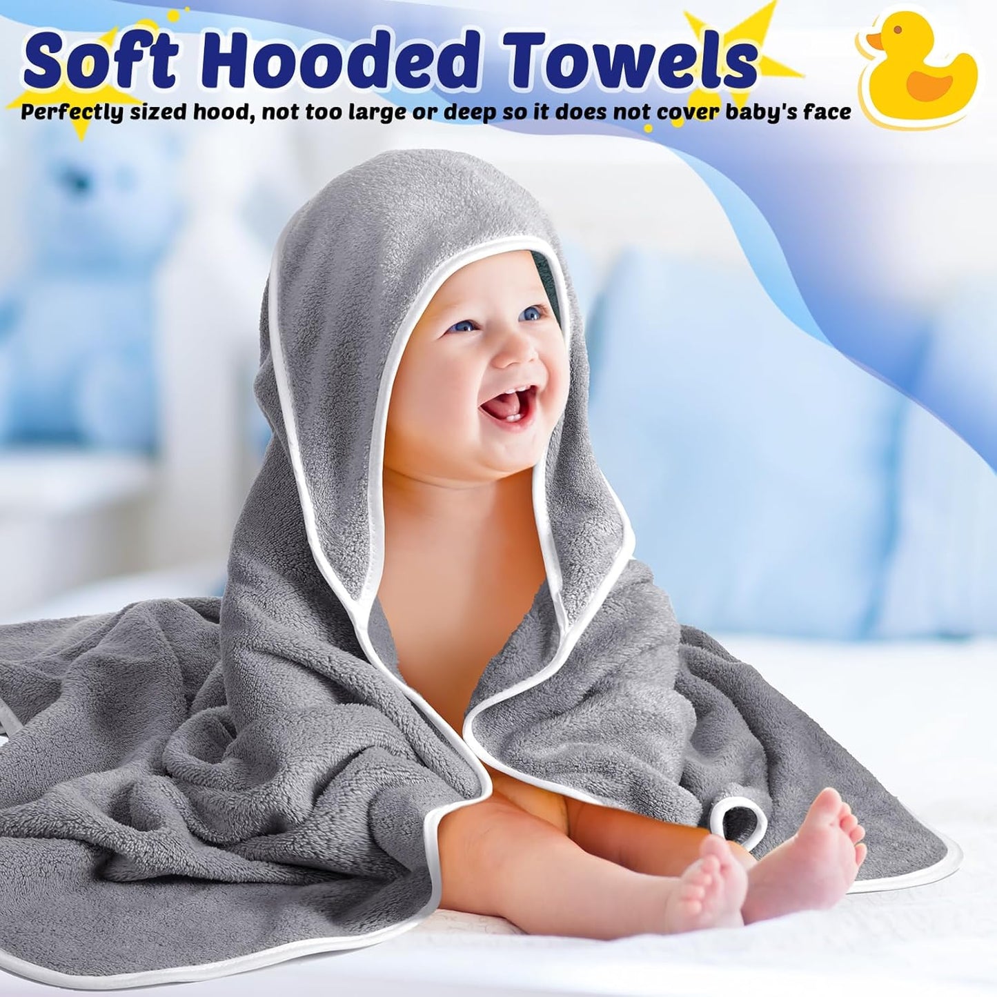 Reginary 4 Pack Baby Hooded Towels Coral Fleece Baby Bath Towels 30 x 30 Inch Soft Absorbent Hooded Bath Blanket for Newborn Toddler Infant Boy Girl Shower Gift Supplies (Gray, Blue)