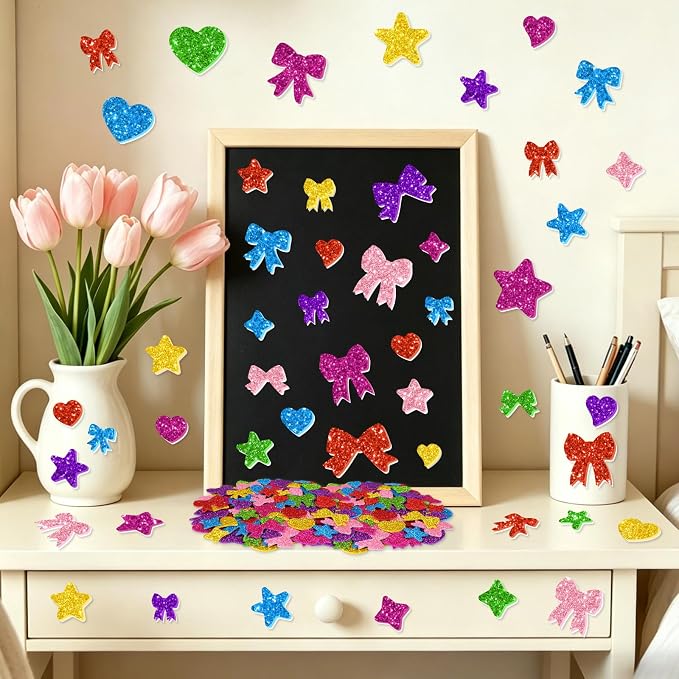 875PCS Glitter Foam Stickers, Colorful Heart & Star & Bow Stickers,