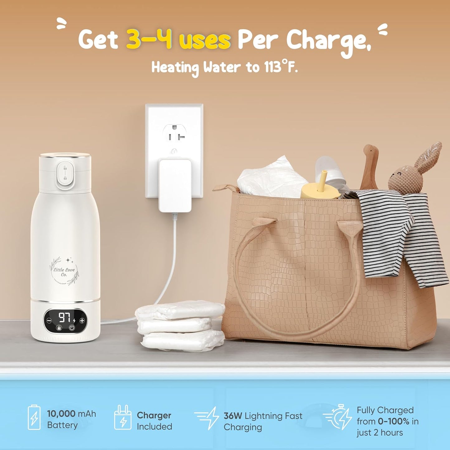 Portable Baby Bottle Warmer for Travel - 17 oz Big Capacity - Milk & Water Warmer, Ideal for Breastmilk and Baby Bottles - Accurate Temperature Control - Touch Screen Display - On-The-Go Convenience