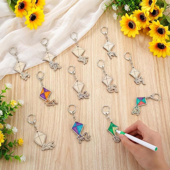 RattanView 24 Pcs Kites Crafts Color Your Own Keychains DIY Craft Wooden Blank