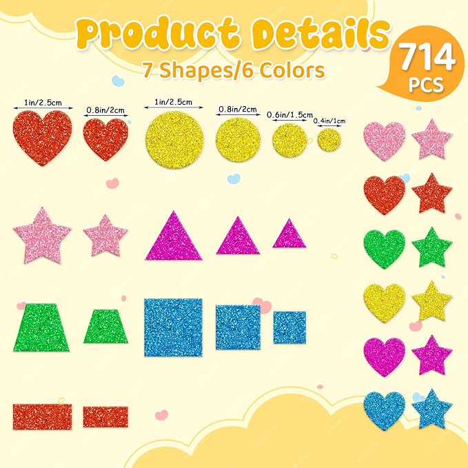 CCINEE 714 Pcs Glitter Foam Stickers 6 Colors Self Adhesive Heart Stars Circle