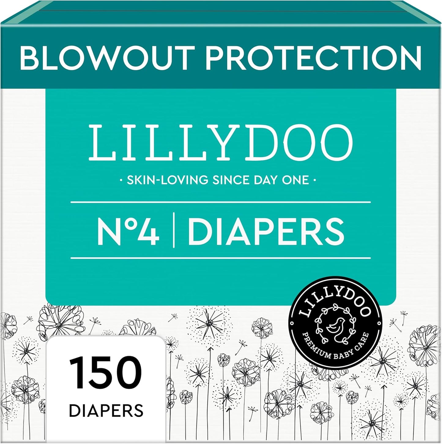 LILLYDOO Baby Diapers - Size 4 (20-31 lbs), Monthly Supply (150 Count), Leak Protection, Skin-Friendly, Ultrasoft, Perfume- & Chlorine-Free, Hypoallergenic, Dermatologist Tested, Oeko-TEX®