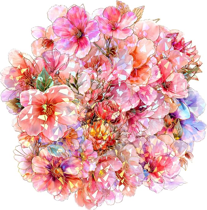 30 PCS Sparkly Flower Stickers Clear Glitter Floral Stickers Holographic PET