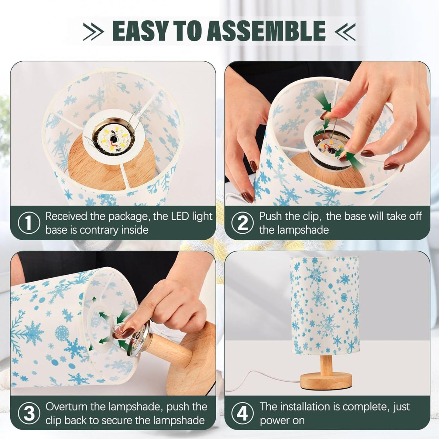 Table Lamp Blue Snowflake Pattern Snowy Christmas Frozen Xmas Holiday Decor Nightstand Lamp with Wood Base Fabric Lamp Shade Bedside Desk Lamp for Living Room Bedroom Kids Room Office