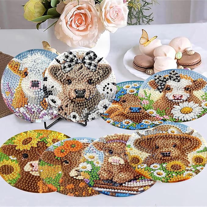 8 Pack Diamond Art Coasters, Highland Cow Diamond Painting Coasters Kits | Cow
