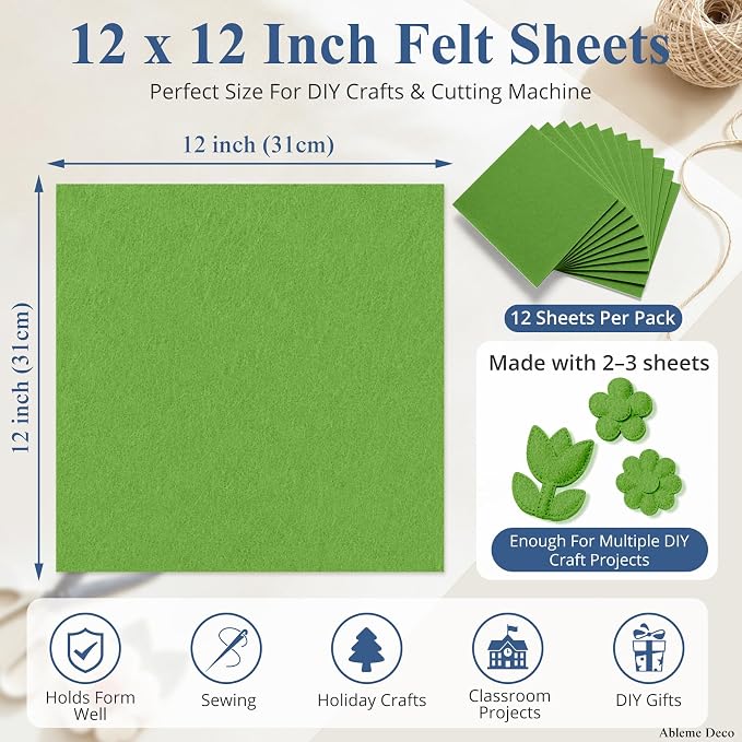 12" x 12" Felt Sheets for Crafts, 2mm Stiff Felt Fabric, Moss Green