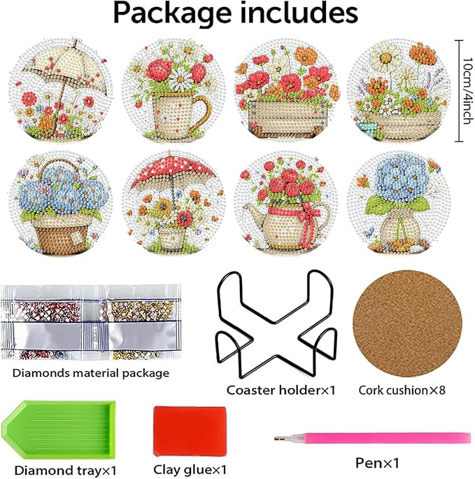 8 PCS Flowers Diamond Art Coasters Kits | Diamond Paintings Coasters