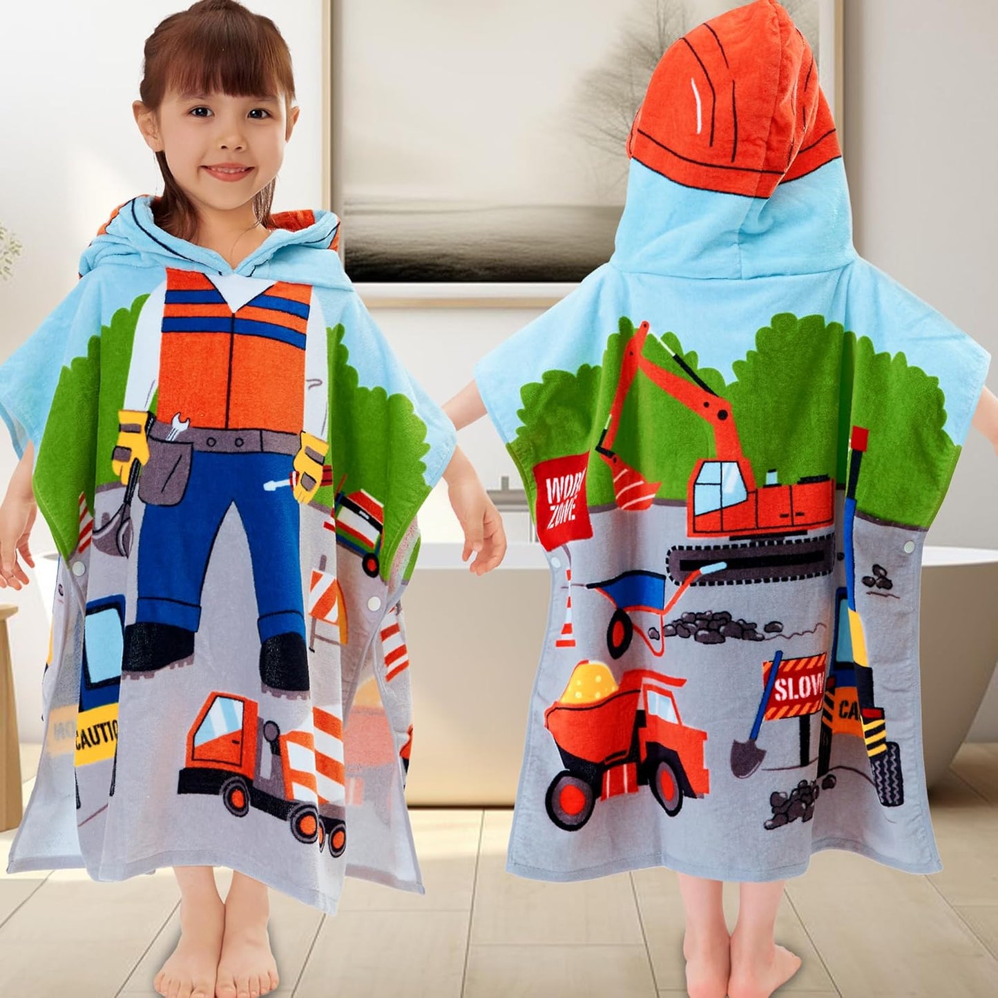 VOOVA & MOVAS Kids Beach Towels with Hood, (2-6Years,24"X48") Soft Cotton | Poncho for Toddlers, Ideal for Child Swim Camping Surf Shower | Birthday Gifts, Truck Work Zone Theme