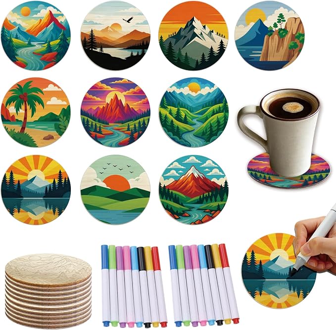 26PCS Wood Coasters Craft Kit 10 Paint You Own Coaster