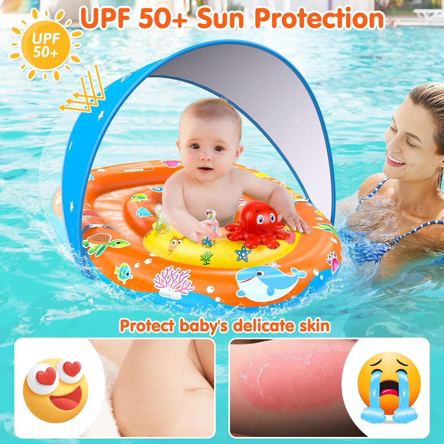 EZIGO Baby Pool Float with Canopy UPF 50+ Sun Protection, Double Air Chambers Infants Swimming Floats with Sound Toys Adjustable Safety Seat Toddler Float for Boys and Girls 6-36 Months