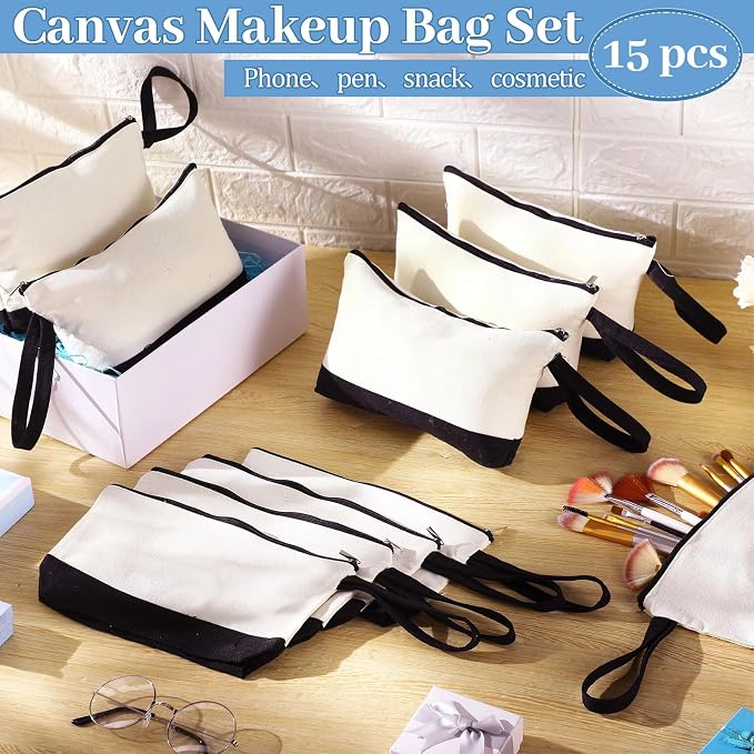Silkfly 15 Pcs Cotton Canvas Makeup Bags Cosmetic Zipper Bags 10.2 x 5.5 x 2''