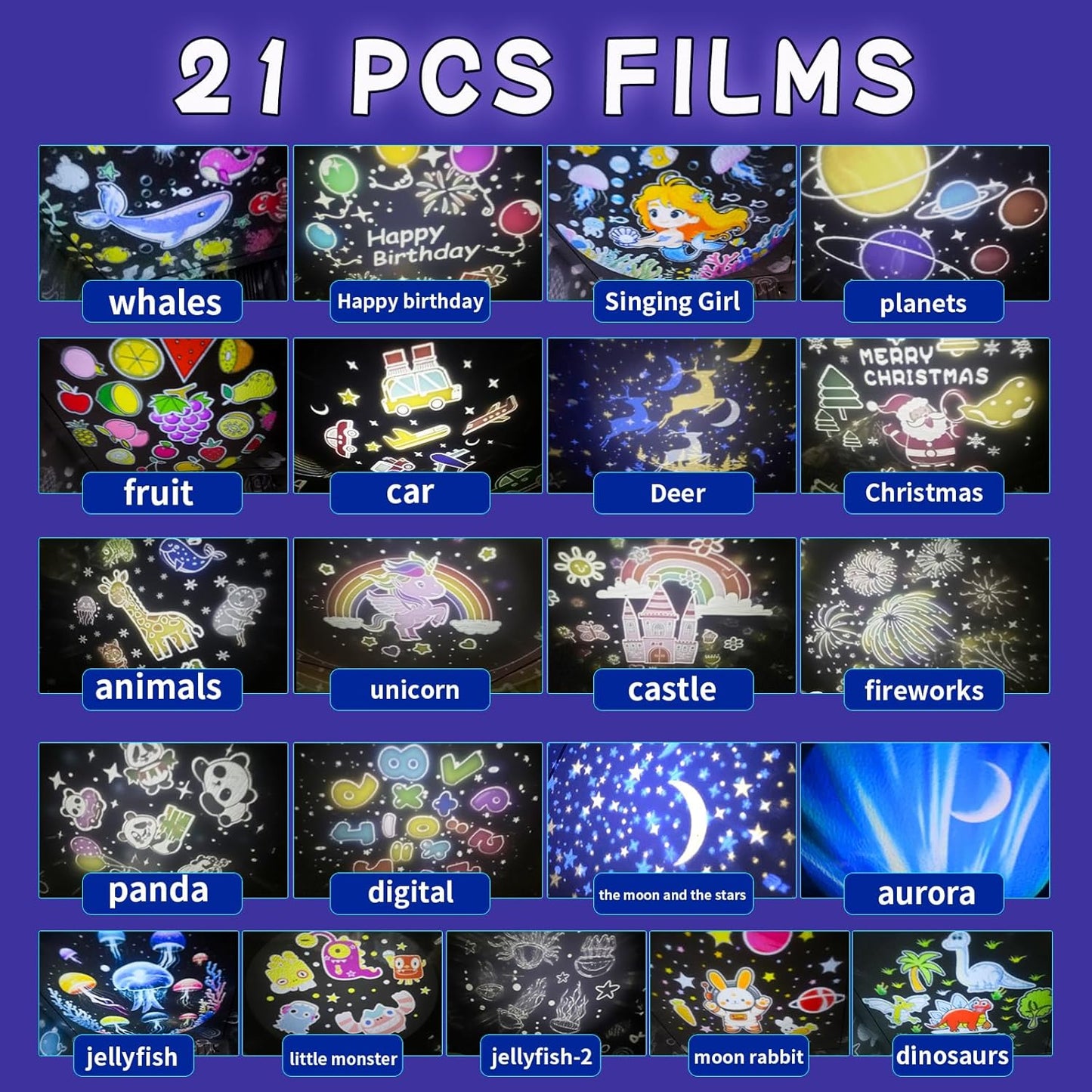 21 Sets of Films Ocean Night Light Projector, Kids Projector for Bedroom，Stars Projector for Ceiling, 360 Degree Rotation Jellyfish Kids Night Light for Decorating Birthdays,Christmas Gifts