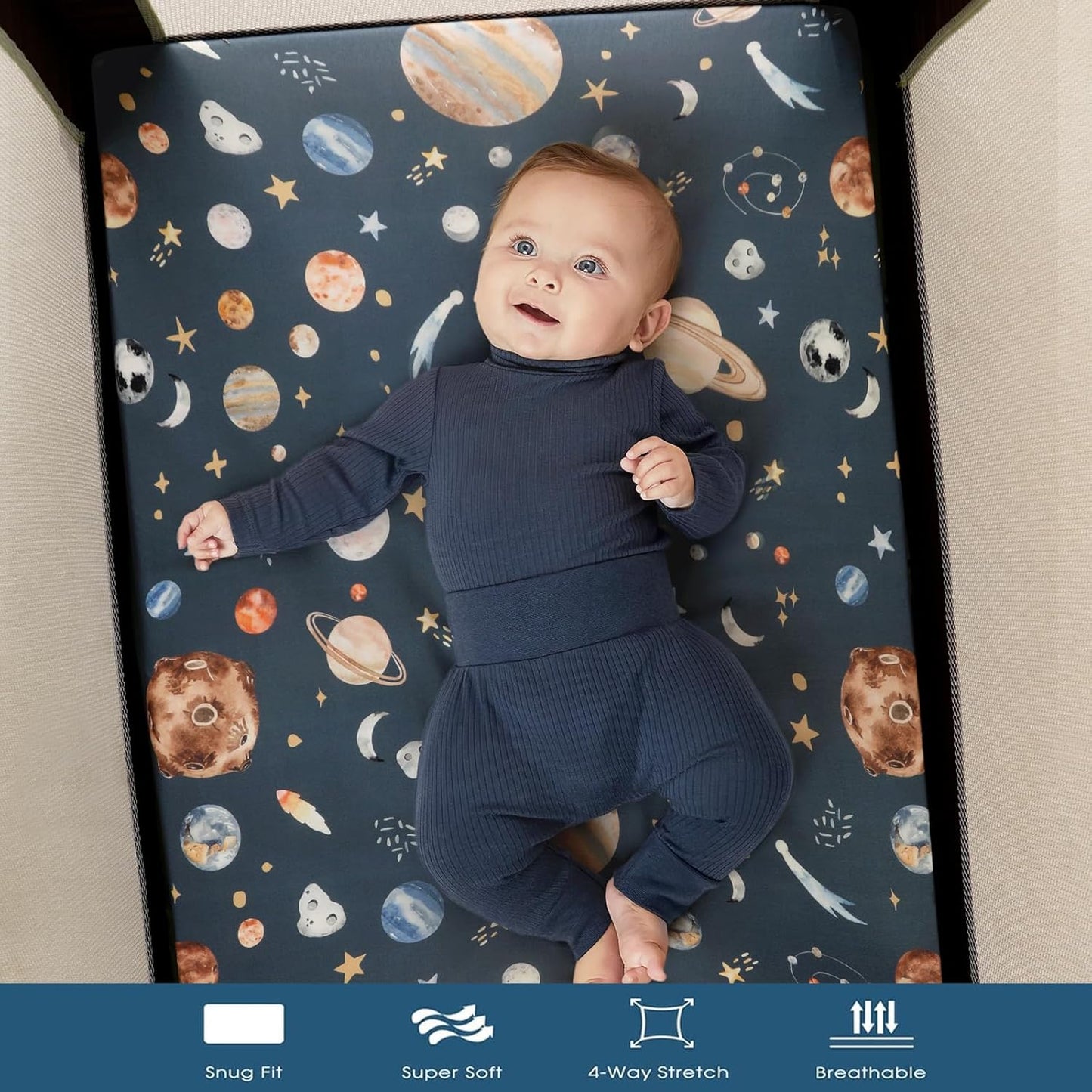 GRSSDER Pack n Play Sheets Fitted 3 Pack, Stretchy Ultra Soft Jersey Knit Pack and Play Sheets, Universal Fitted Portable/Mini Crib Mattresses Snug and Safe, Space Stylish Print