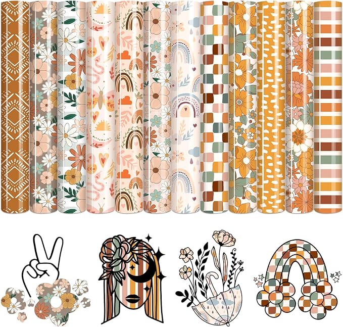 HTVSTD Boho Flower HTV Heat Transfer Vinyl 12pcs 12×10in Iron on Vinyl | Flower