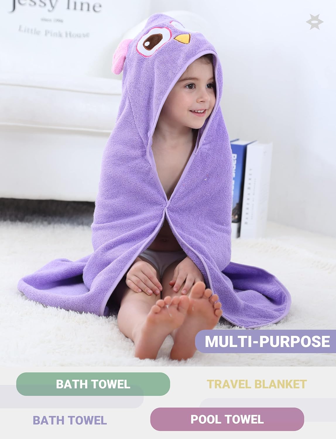 MICHLEY Toddler Hooded Bath Towels for 0-6T, Baby Essentials Cotton Absorbent Kids Washcloth (Owl)