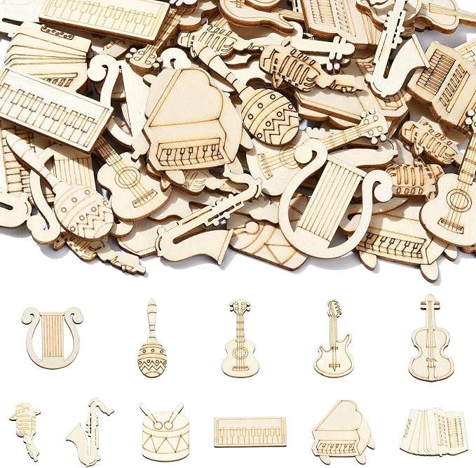 200 Pcs Unfinished Musical Instruments Wood Cutouts Music Painting Wooden Shapes