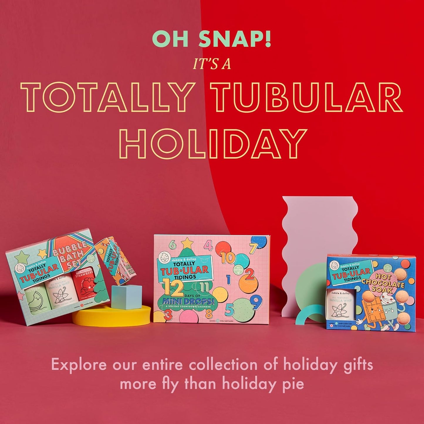 Dabble & Dollop Totally Tub-ular Tidings Hot Chocolate Soak - Holiday Bath Gift Set with 4 All-Natural Cocoa Bath Bombs and Vanilla Whip 3-in-1 Bubble Bath, Body Wash & Shampoo