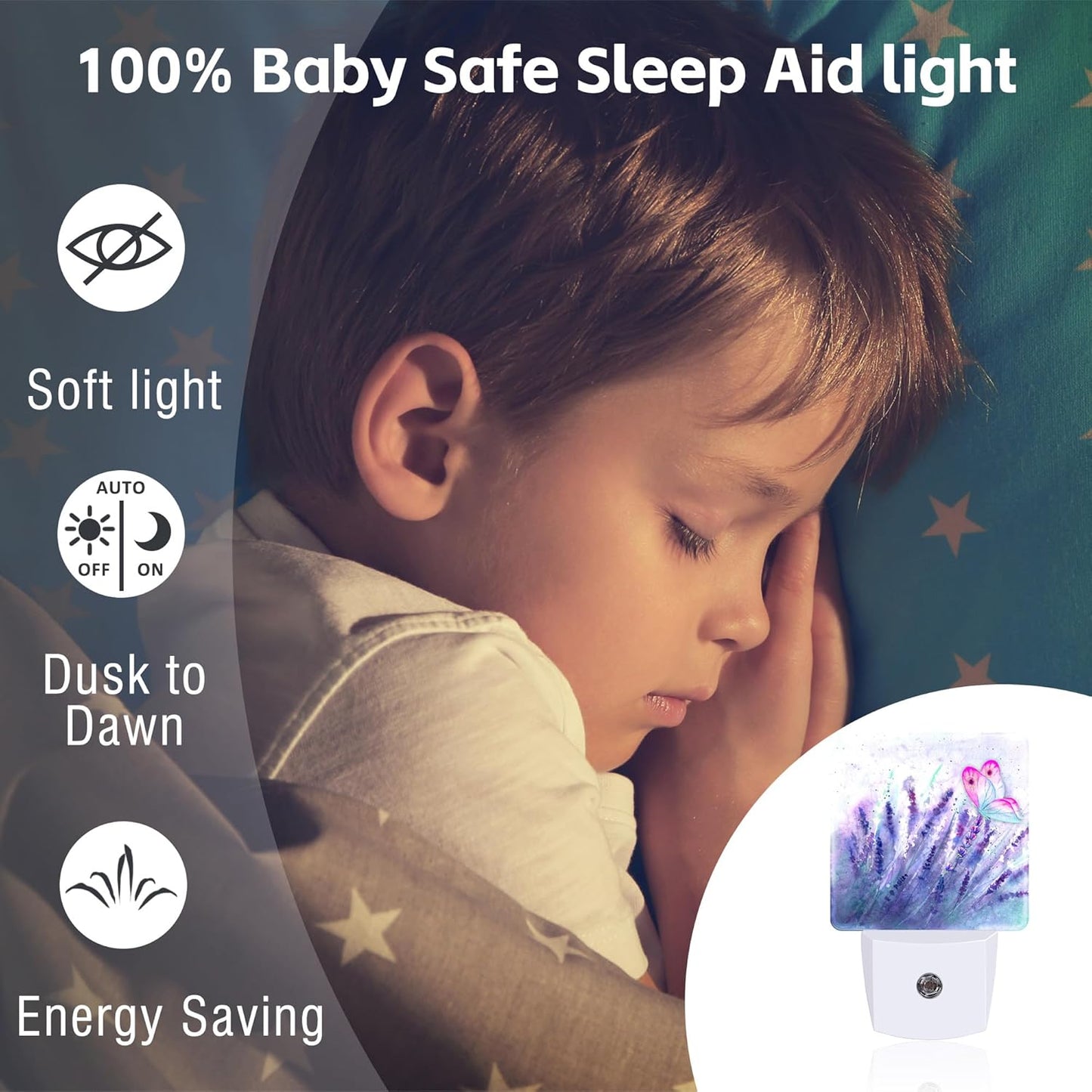 Lavender with Pink Butterfly Night Light for Kids, Watercolor Purple Meadow Floral Night Light Plug in with Dusk to Dawn Sensor, 0.5w Energy Saving Nightlight for Hallway Stairway Kitchen Bedroom