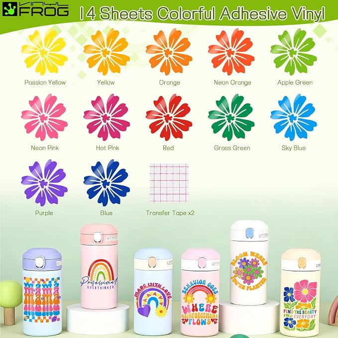 VINYL FROG Permanent Vinyl Bundle 12‘’x12'' Glossy Adhesive Vinyl 14 Sheets 12