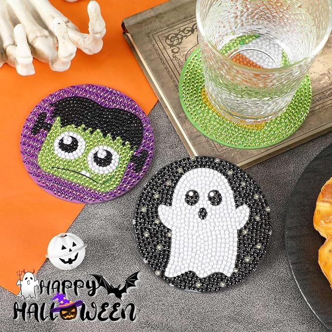 UPINS 8Pcs Halloween Diamond Art Painting Coasters Kits