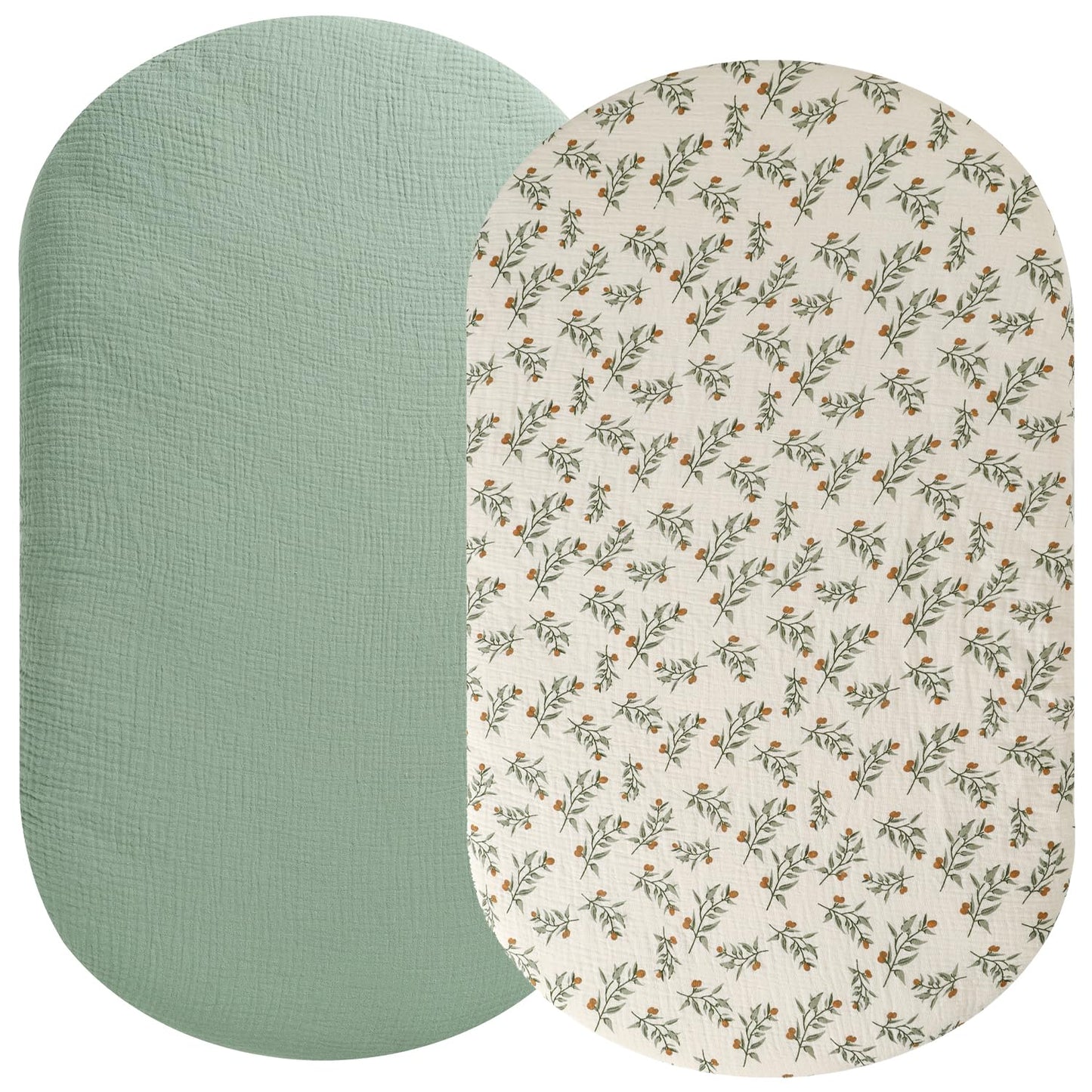 Muslin Bassinet Sheet Compatible with 4moms Mamaroo Sleep Bassinet, 2 Pack Cotton Stylish Boho Fitted Bassinet Sheets Soft for Baby Roman Green & Botanical Leaf