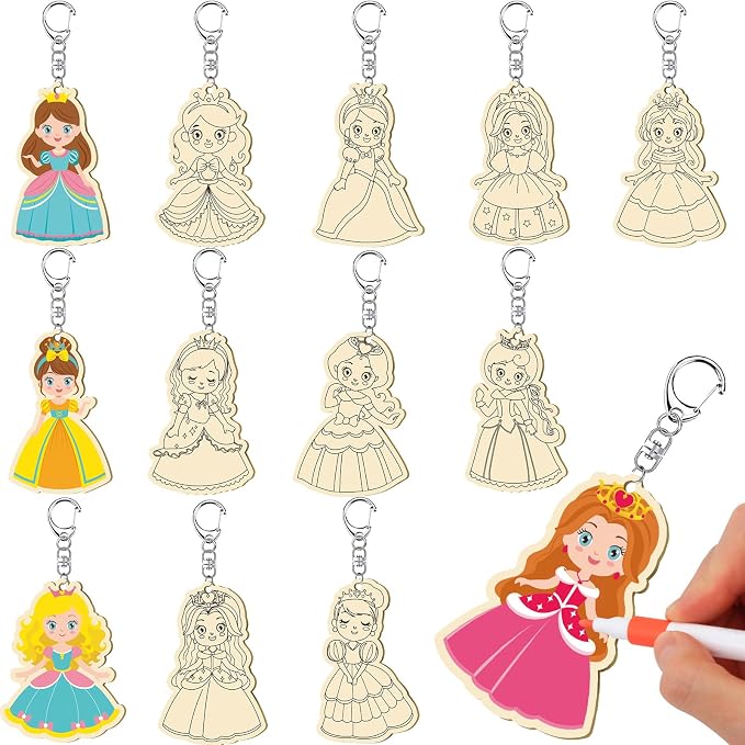 RattanView 24 Pcs Princess Craft Color Your Own Keychains DIY Craft Wooden