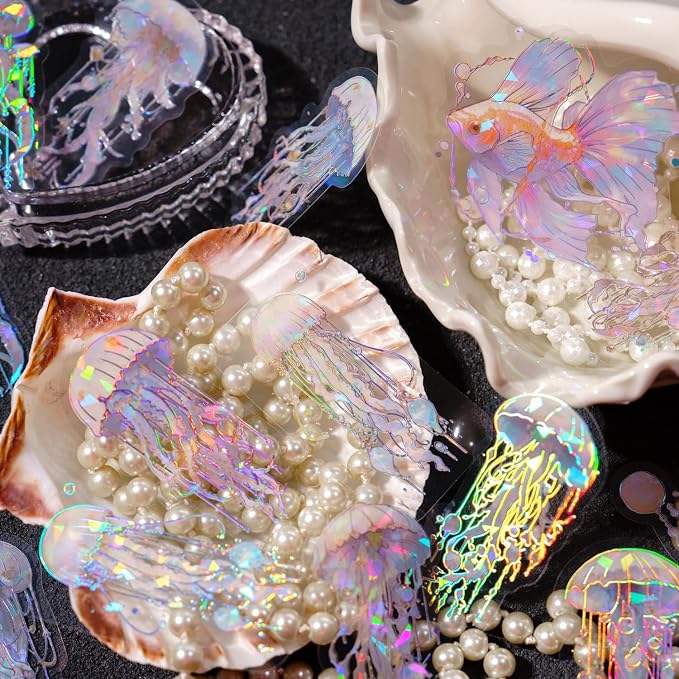 120 Pcs Holographic Glitter Jellyfish Ocean Life Stickers