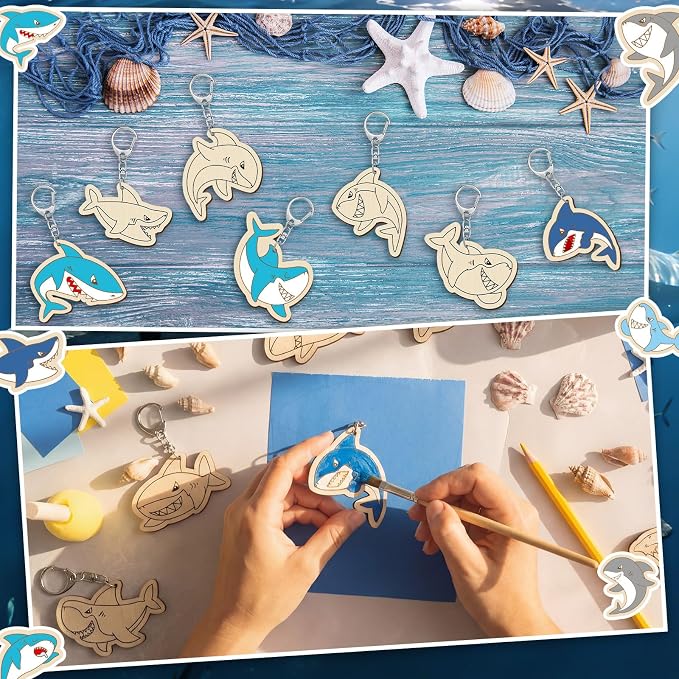RattanView 24 Pcs Summer Shark Crafts Color Your Own Keychains DIY Craft Wooden