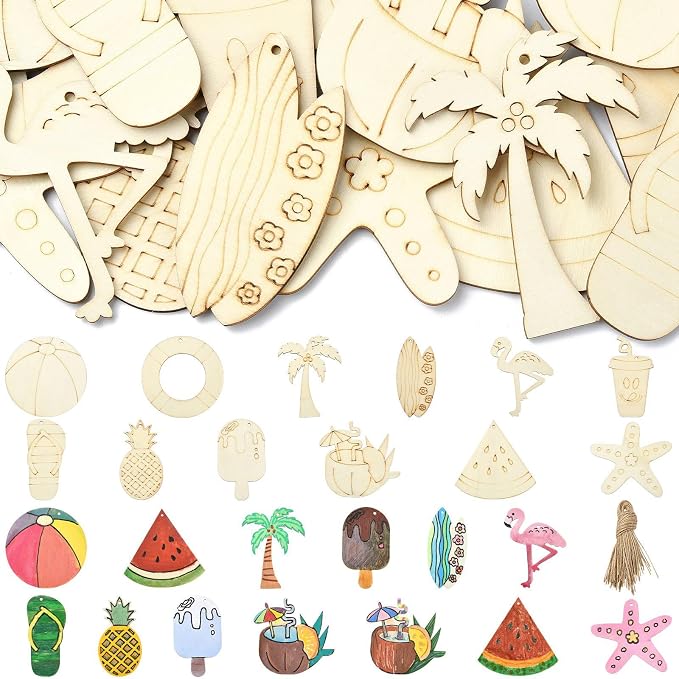 32 pcs Mixed Styles Beach Theme Unfinished Wood Cutout Charms Watermelon Ice
