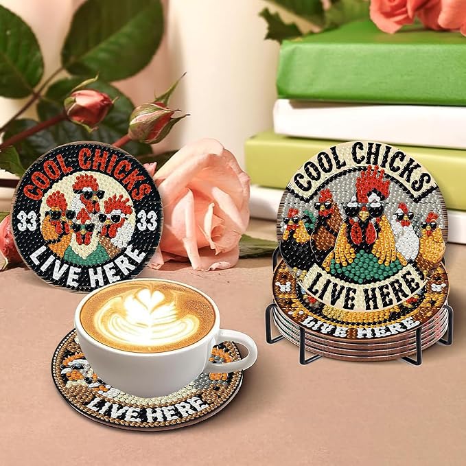 8 PCS Chicken Diamond Art Coasters Kits Diamond Painting Coaster | Diamond